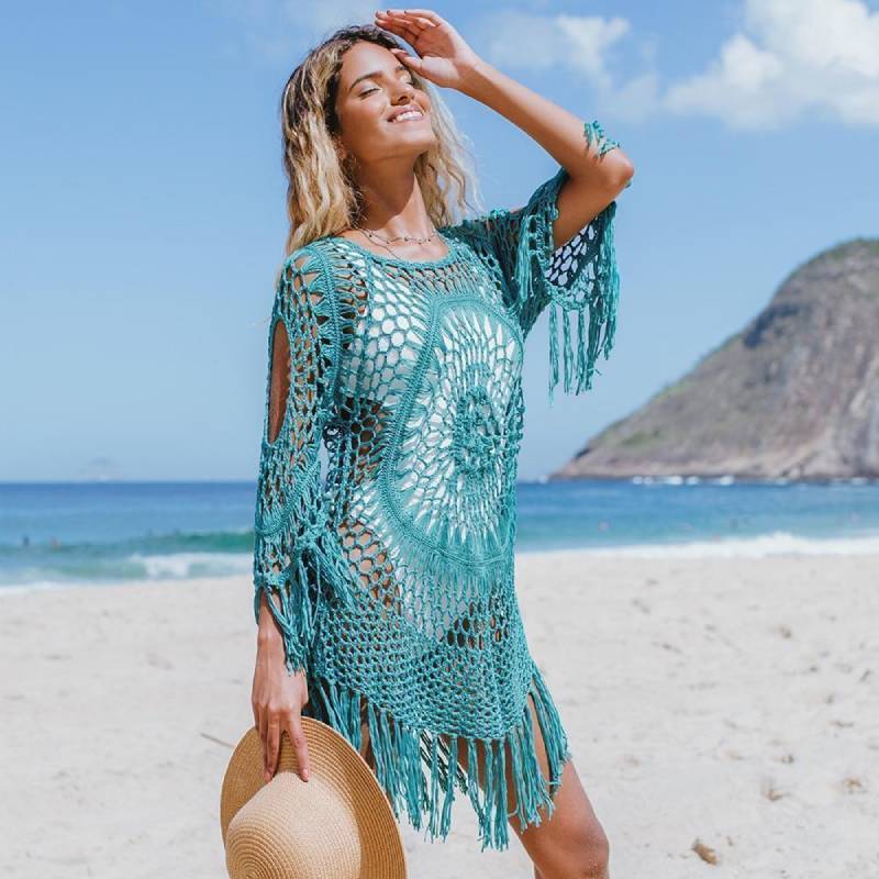 Bohemian Beachwear - Crochet Cover-Up with Fringe Trim