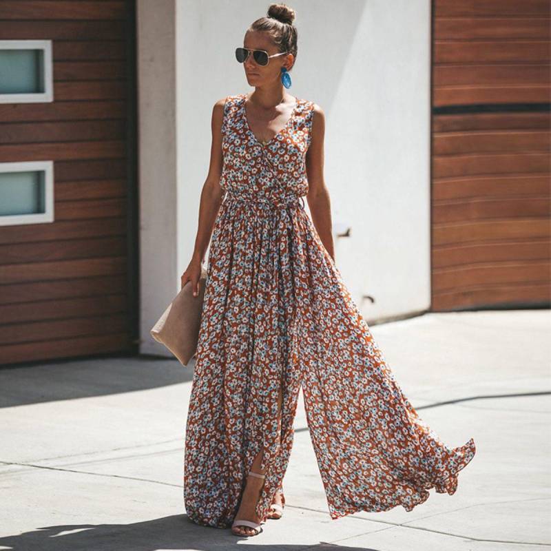 bohemian print dress Boho Floral Maxi Dress for Women Casual Short Sleeve Loose Flowy Summer Beach Dresses with Pockets at Amazon Women's Clothing store