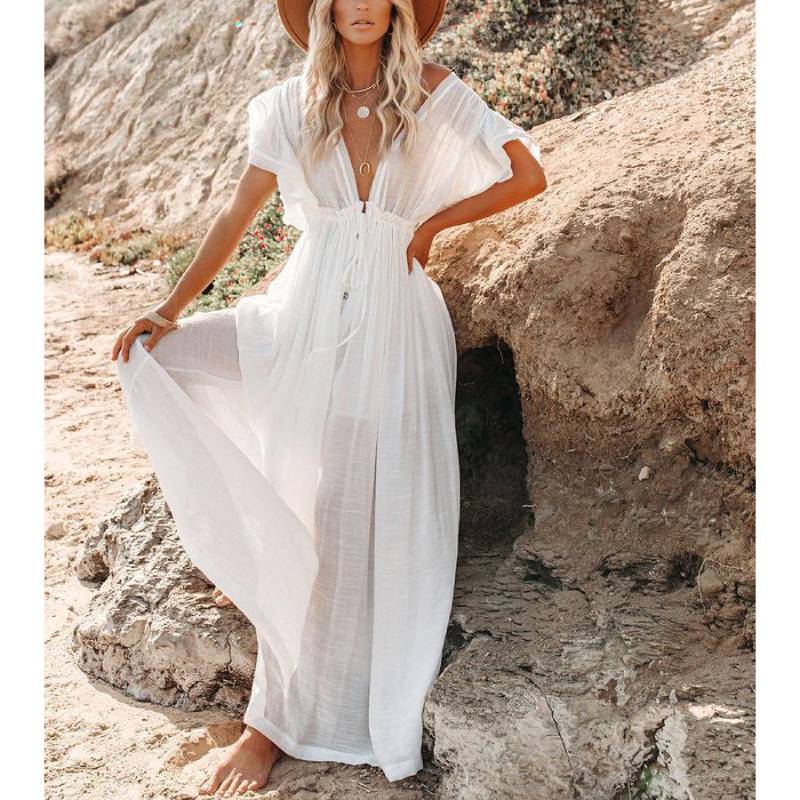 Boho Dress - Long Maxi Solid V neck