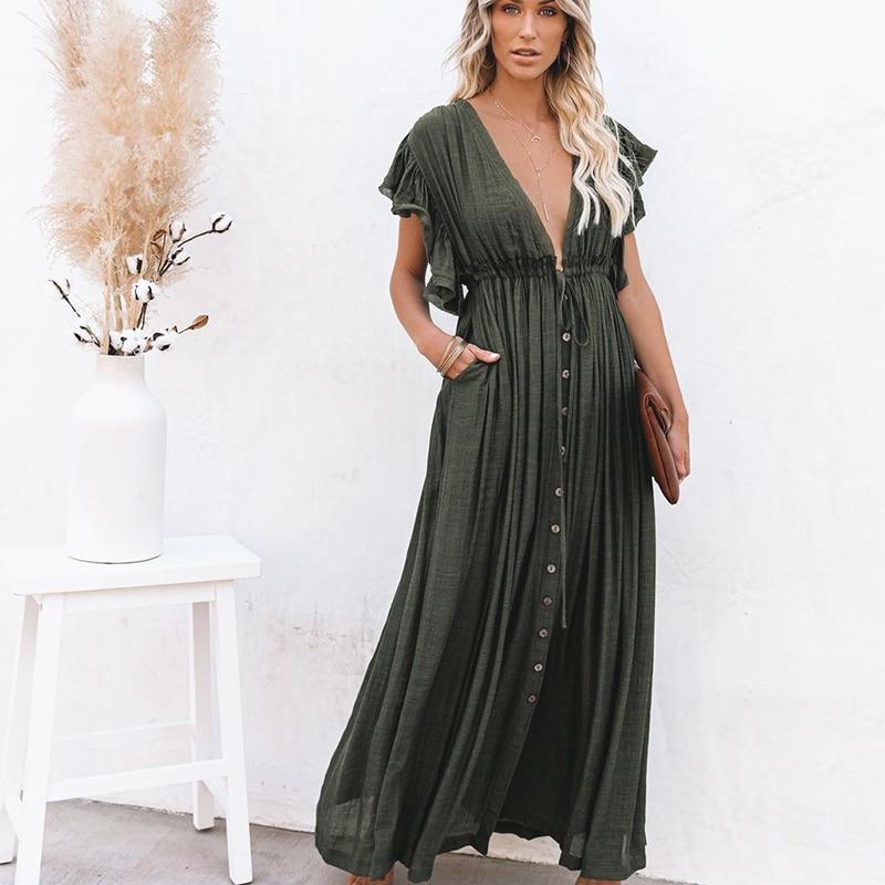 Boho Dress - Long Maxi Solid V neck - Be-Bohemian Boho Dress - Long Maxi Solid V neck - Be-Bohemian
