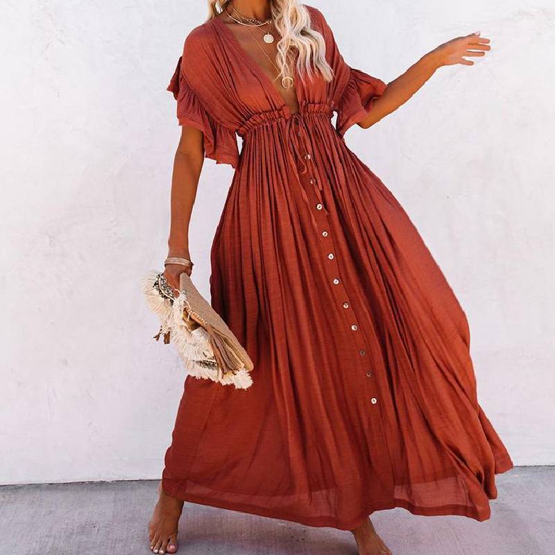 Boho Dress - Long Maxi Solid V neck-Be-Bohemian