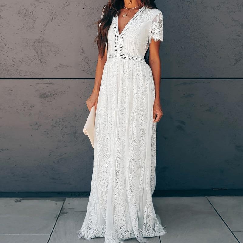 chinese dress ladies White Boho Lace Maxi Dress White / S main image 0